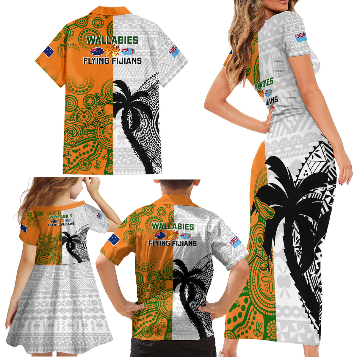 Fiji And Australia Rugby Family Matching Short Sleeve Bodycon Dress and Hawaiian Shirt 2023 World Cup Aboriginal Mix Tapa Pattern LT14 - Polynesian Pride