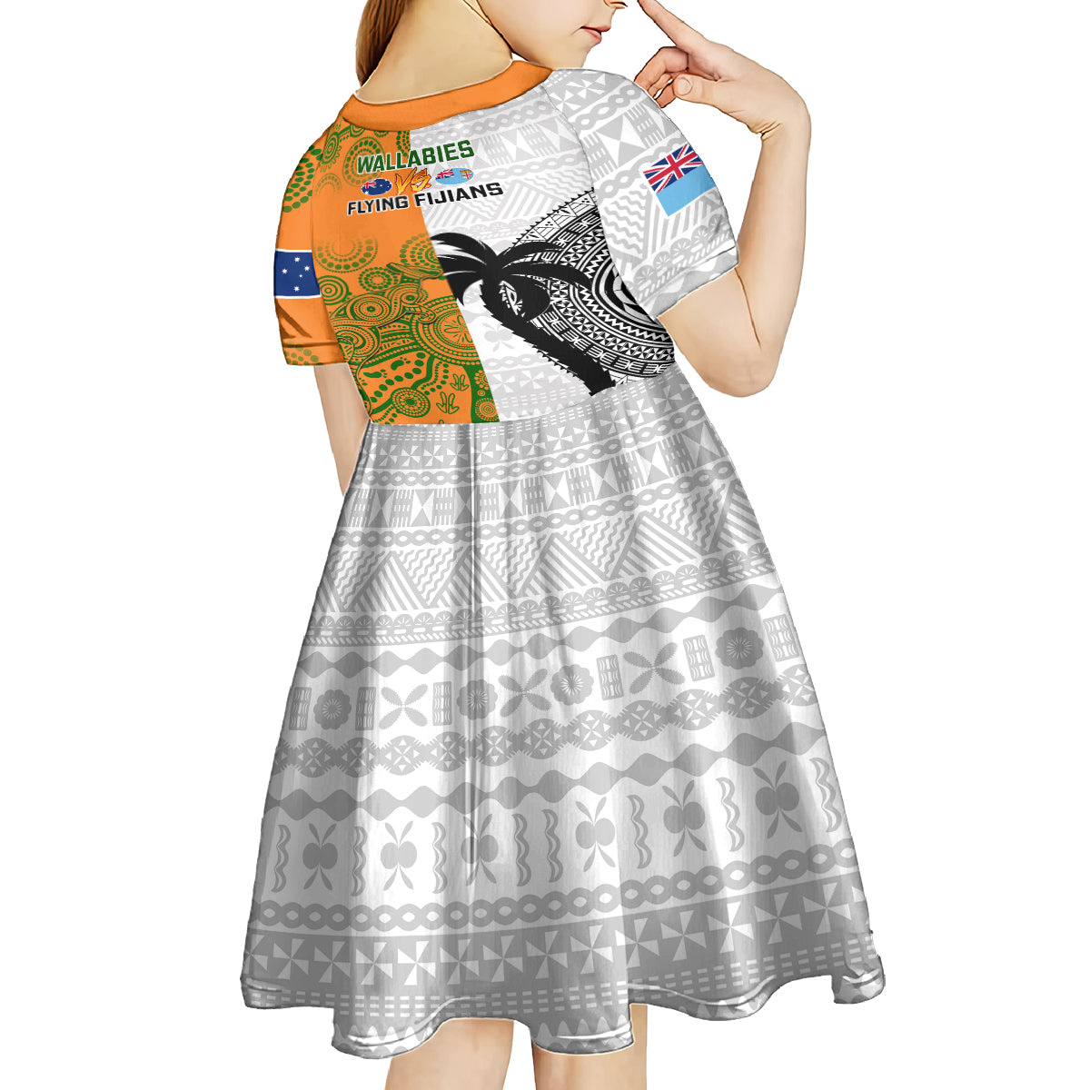 fiji-and-australia-rugby-kid-short-sleeve-dress-2023-world-cup-aboriginal-mix-tapa-pattern