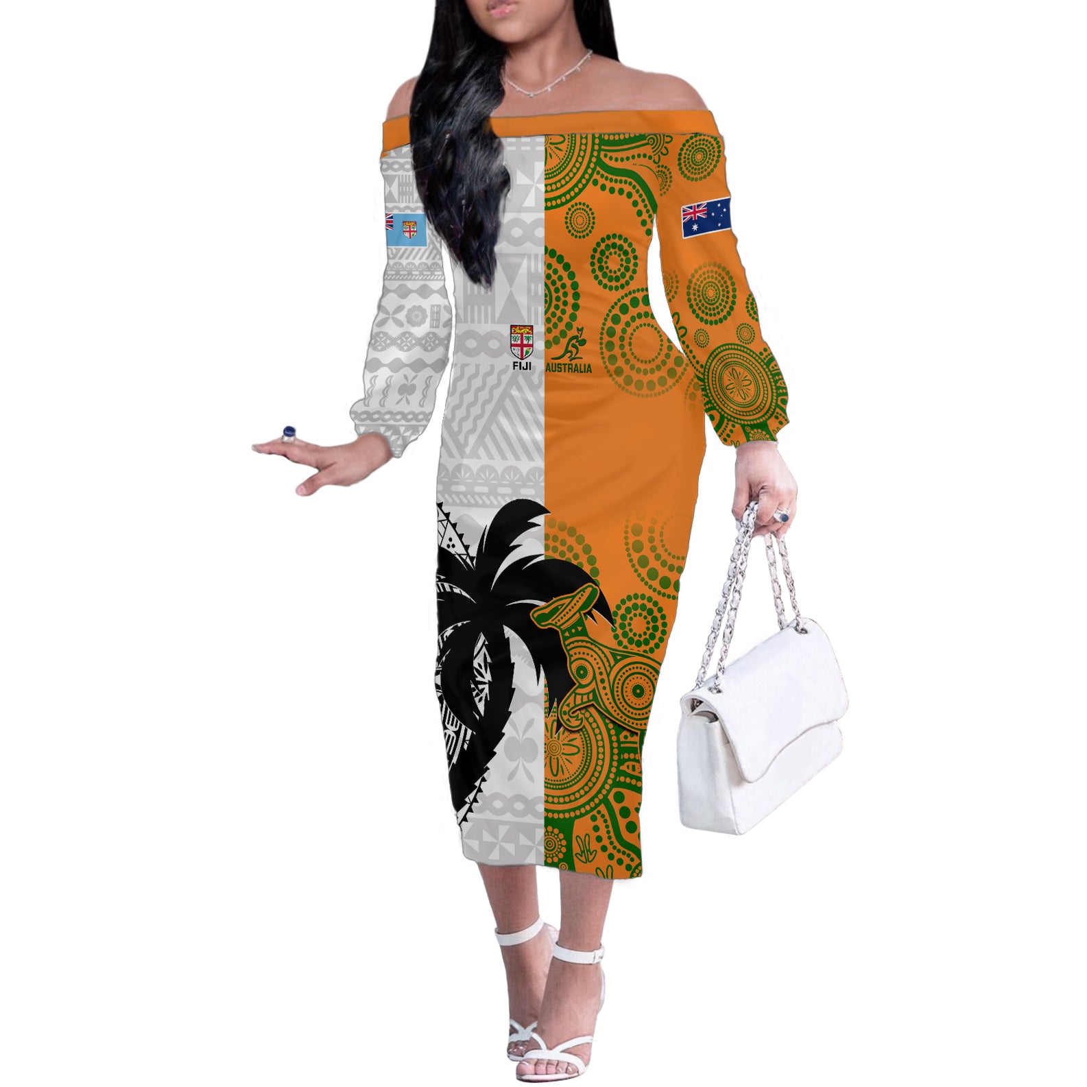 fiji-and-australia-rugby-off-the-shoulder-long-sleeve-dress-2023-world-cup-aboriginal-mix-tapa-pattern