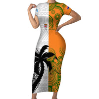 Fiji And Australia Rugby Short Sleeve Bodycon Dress 2023 World Cup Aboriginal Mix Tapa Pattern LT14 Long Dress Gold - Polynesian Pride