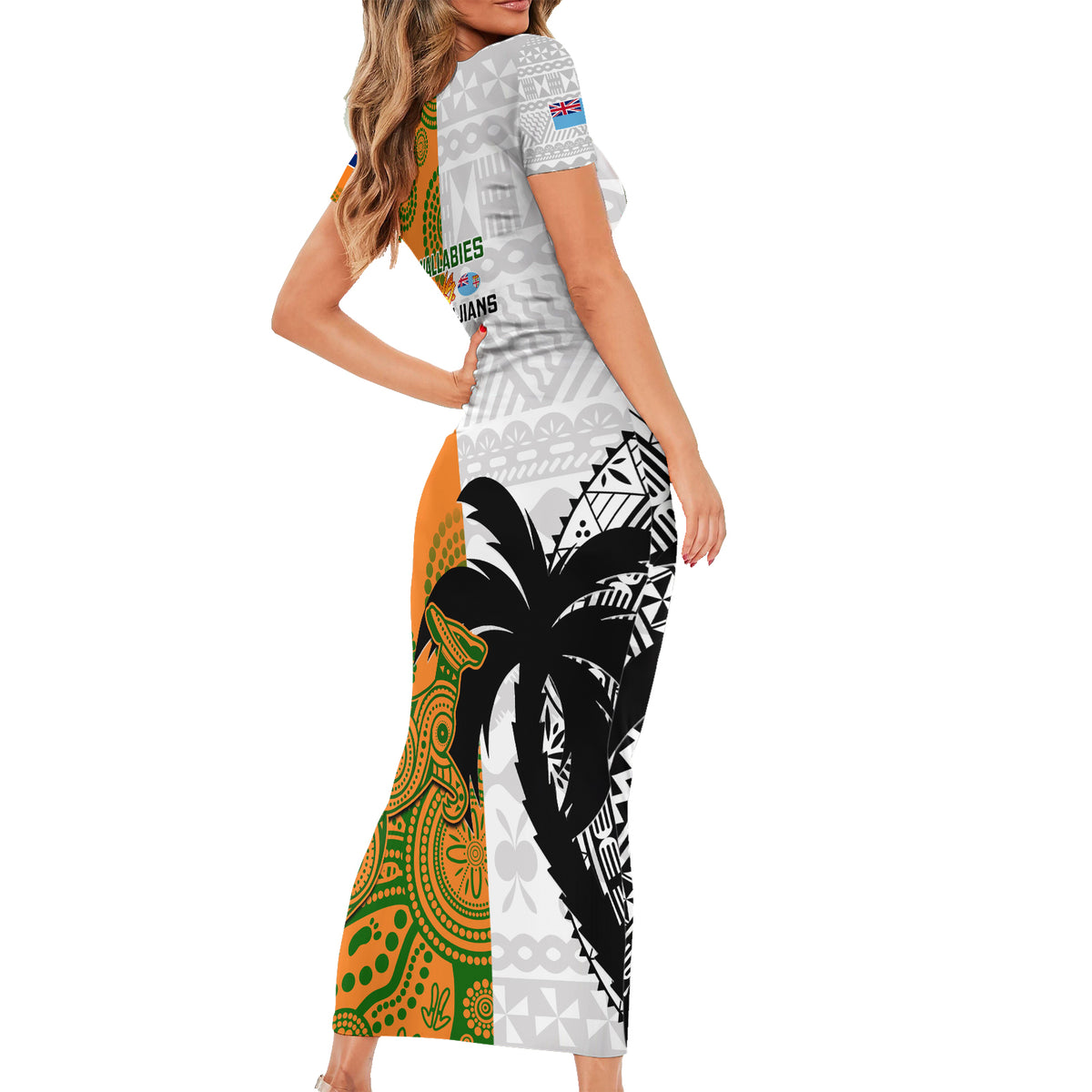 Fiji And Australia Rugby Short Sleeve Bodycon Dress 2023 World Cup Aboriginal Mix Tapa Pattern LT14 - Polynesian Pride