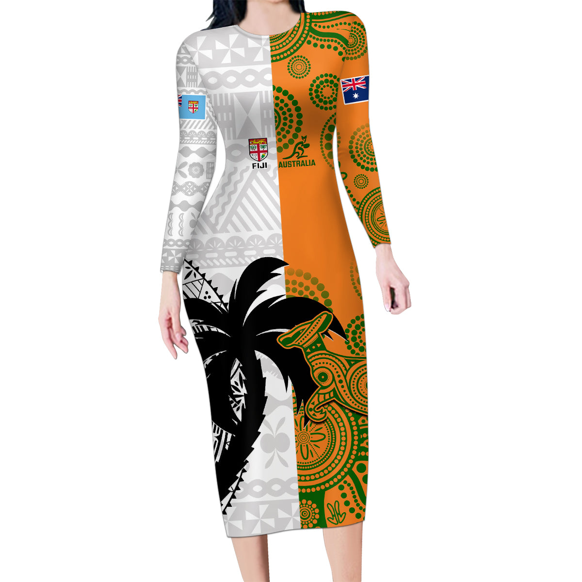 Custom Fiji And Australia Rugby Family Matching Long Sleeve Bodycon Dress and Hawaiian Shirt 2023 World Cup Aboriginal Mix Tapa Pattern LT14 Mom's Dress Gold - Polynesian Pride