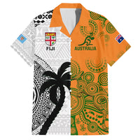 Custom Fiji And Australia Rugby Family Matching Off Shoulder Short Dress and Hawaiian Shirt 2023 World Cup Aboriginal Mix Tapa Pattern LT14 Dad's Shirt - Short Sleeve Gold - Polynesian Pride