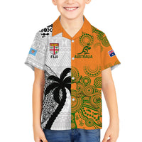 Custom Fiji And Australia Rugby Family Matching Off Shoulder Short Dress and Hawaiian Shirt 2023 World Cup Aboriginal Mix Tapa Pattern LT14 Son's Shirt Gold - Polynesian Pride