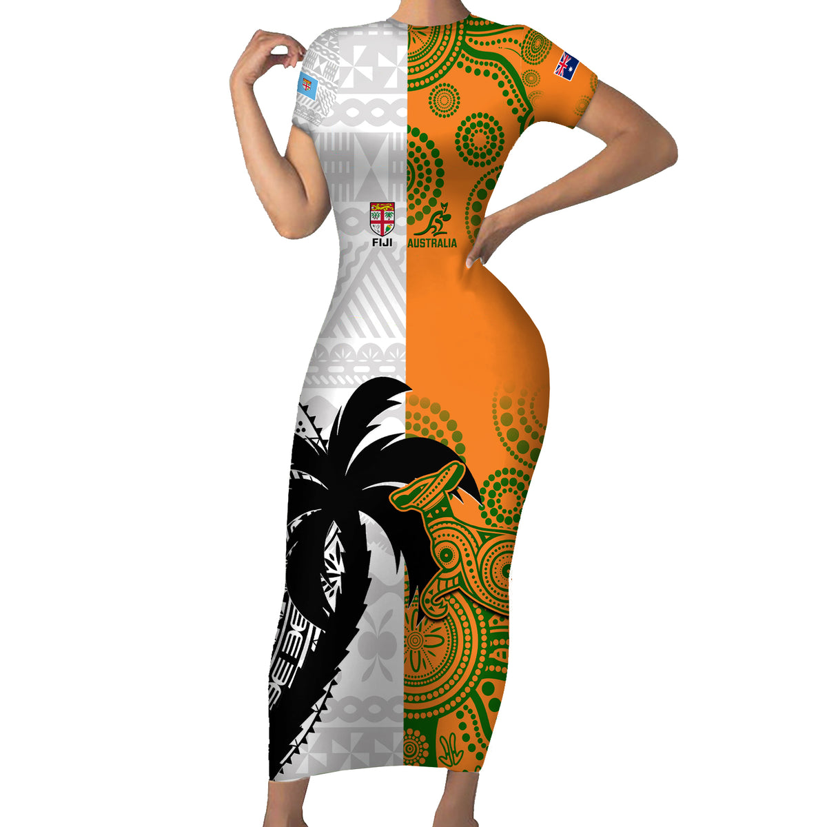 Custom Fiji And Australia Rugby Family Matching Short Sleeve Bodycon Dress and Hawaiian Shirt 2023 World Cup Aboriginal Mix Tapa Pattern LT14 Mom's Dress Gold - Polynesian Pride
