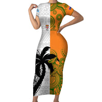 Custom Fiji And Australia Rugby Family Matching Short Sleeve Bodycon Dress and Hawaiian Shirt 2023 World Cup Aboriginal Mix Tapa Pattern LT14 Mom's Dress Gold - Polynesian Pride