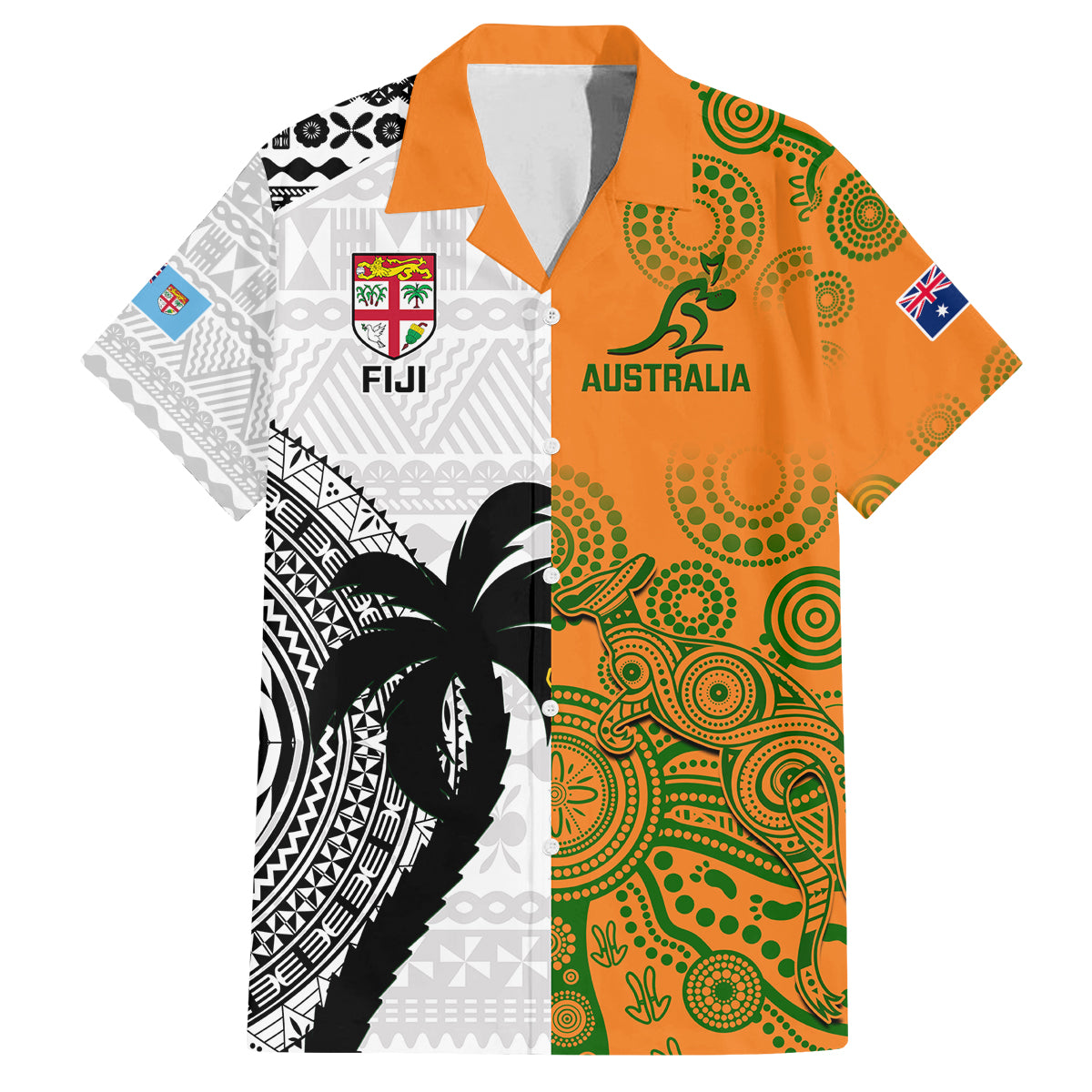 Custom Fiji And Australia Rugby Family Matching Summer Maxi Dress and Hawaiian Shirt 2023 World Cup Aboriginal Mix Tapa Pattern LT14 Dad's Shirt - Short Sleeve Gold - Polynesian Pride