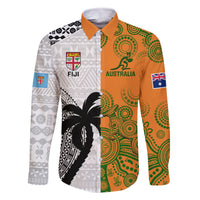 Custom Fiji And Australia Rugby Family Matching Summer Maxi Dress and Hawaiian Shirt 2023 World Cup Aboriginal Mix Tapa Pattern LT14 Dad's Shirt - Long Sleeve Gold - Polynesian Pride