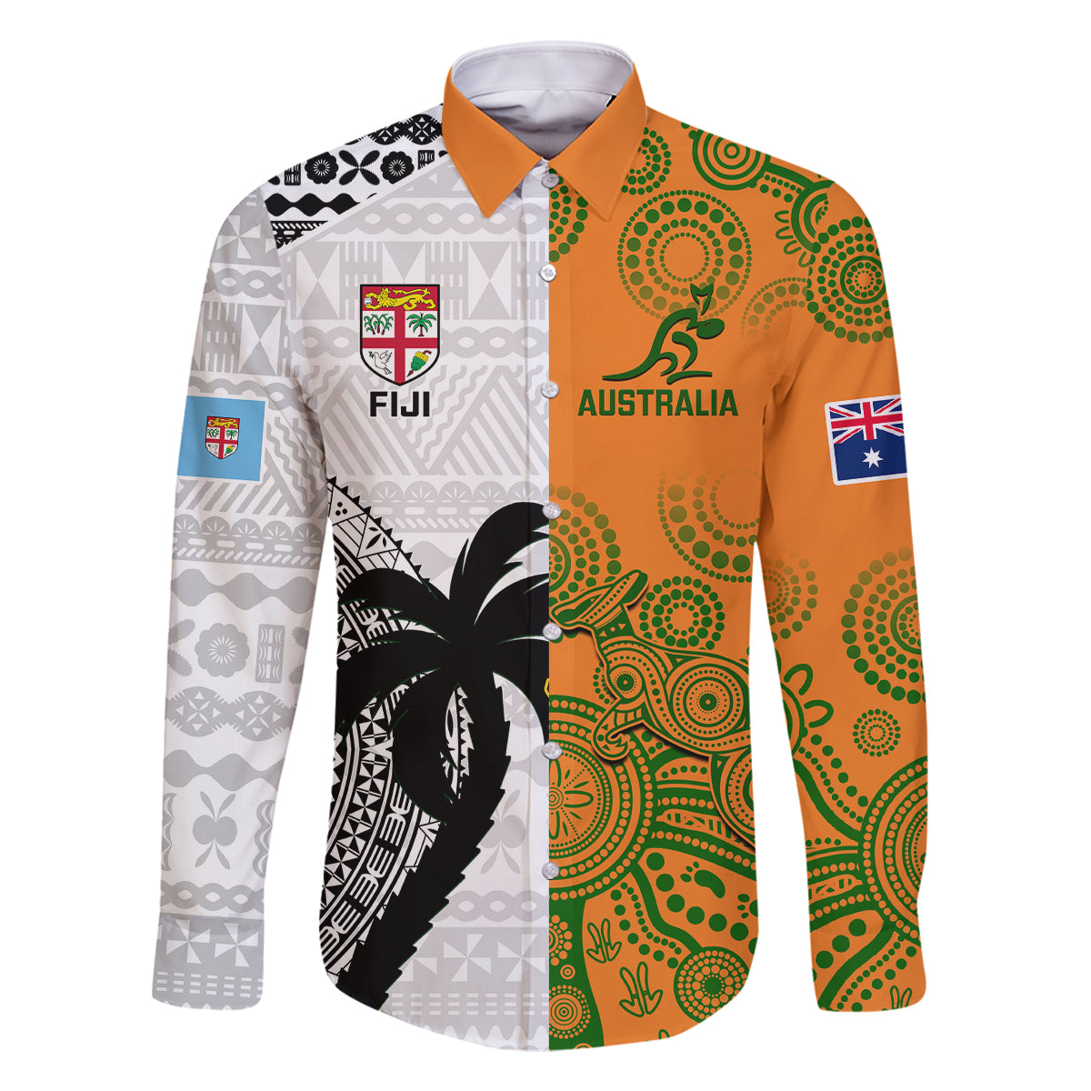 Custom Fiji And Australia Rugby Family Matching Tank Maxi Dress and Hawaiian Shirt 2023 World Cup Aboriginal Mix Tapa Pattern LT14 Dad's Shirt - Long Sleeve Gold - Polynesian Pride