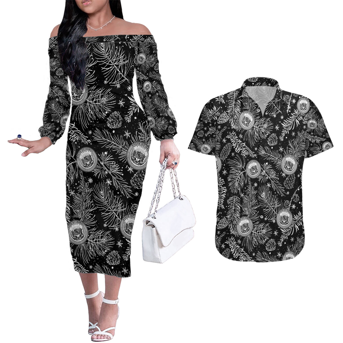 Hawaii Christmas Couples Matching Off The Shoulder Long Sleeve Dress and Hawaiian Shirt Tropical Style With Coat Of Arms LT14 Black - Polynesian Pride