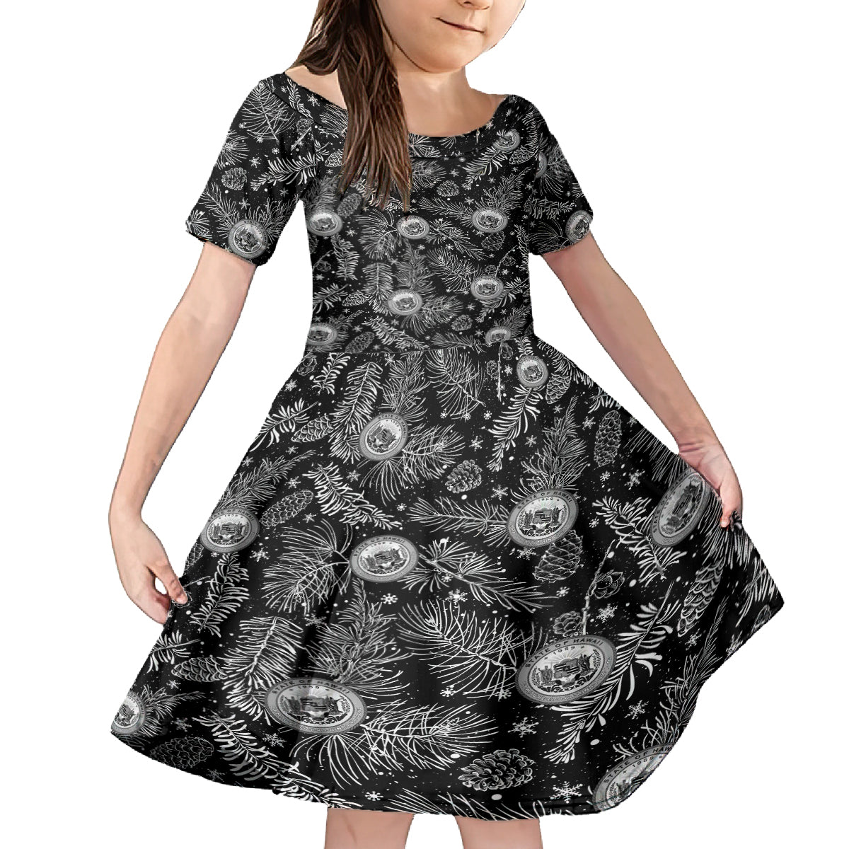 Hawaii Christmas Family Matching Off Shoulder Maxi Dress and Hawaiian Shirt Tropical Style With Coat Of Arms LT14 Daughter's Dress Black - Polynesian Pride