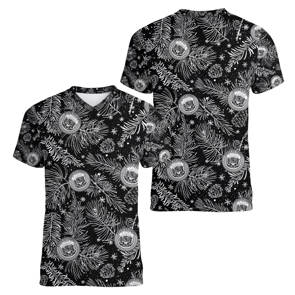 Hawaii Christmas Women V Neck T Shirt Tropical Style With Coat Of Arms LT14 - Polynesian Pride