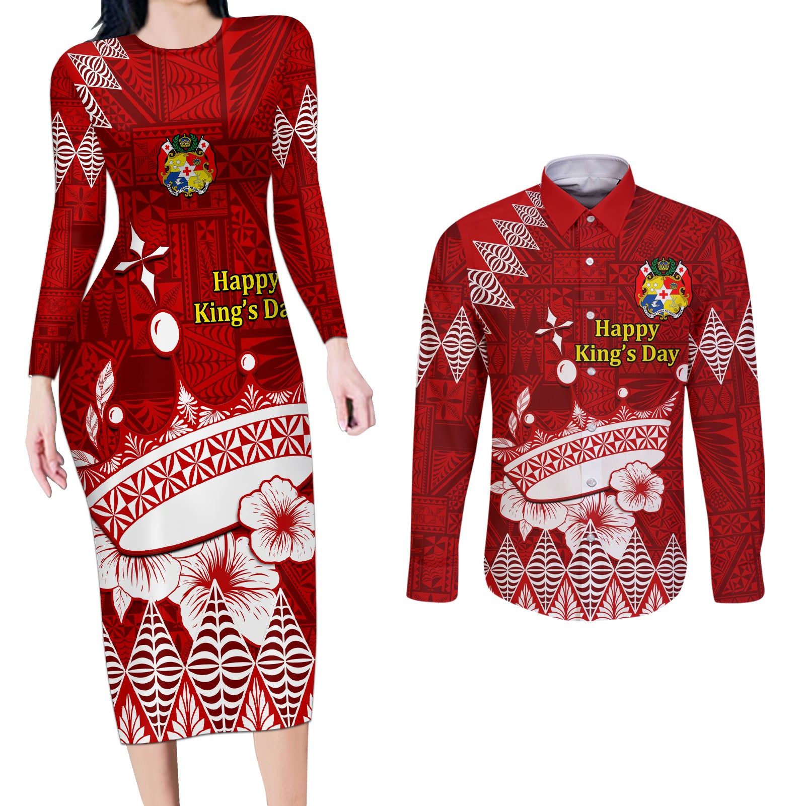 Personalised Tonga King Tupou I Day Couples Matching Long Sleeve Bodycon Dress and Long Sleeve Button Shirt Tongan Ngatu Pattern With Crown LT14 Red - Polynesian Pride