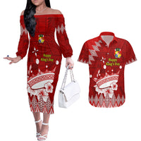 Personalised Tonga King Tupou I Day Couples Matching Off The Shoulder Long Sleeve Dress and Hawaiian Shirt Tongan Ngatu Pattern With Crown LT14 Red - Polynesian Pride