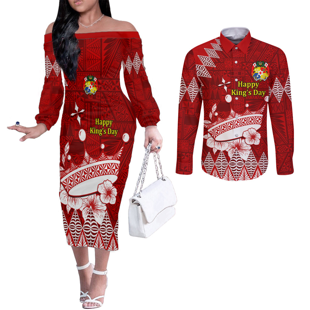 Personalised Tonga King Tupou I Day Couples Matching Off The Shoulder Long Sleeve Dress and Long Sleeve Button Shirt Tongan Ngatu Pattern With Crown LT14 Red - Polynesian Pride
