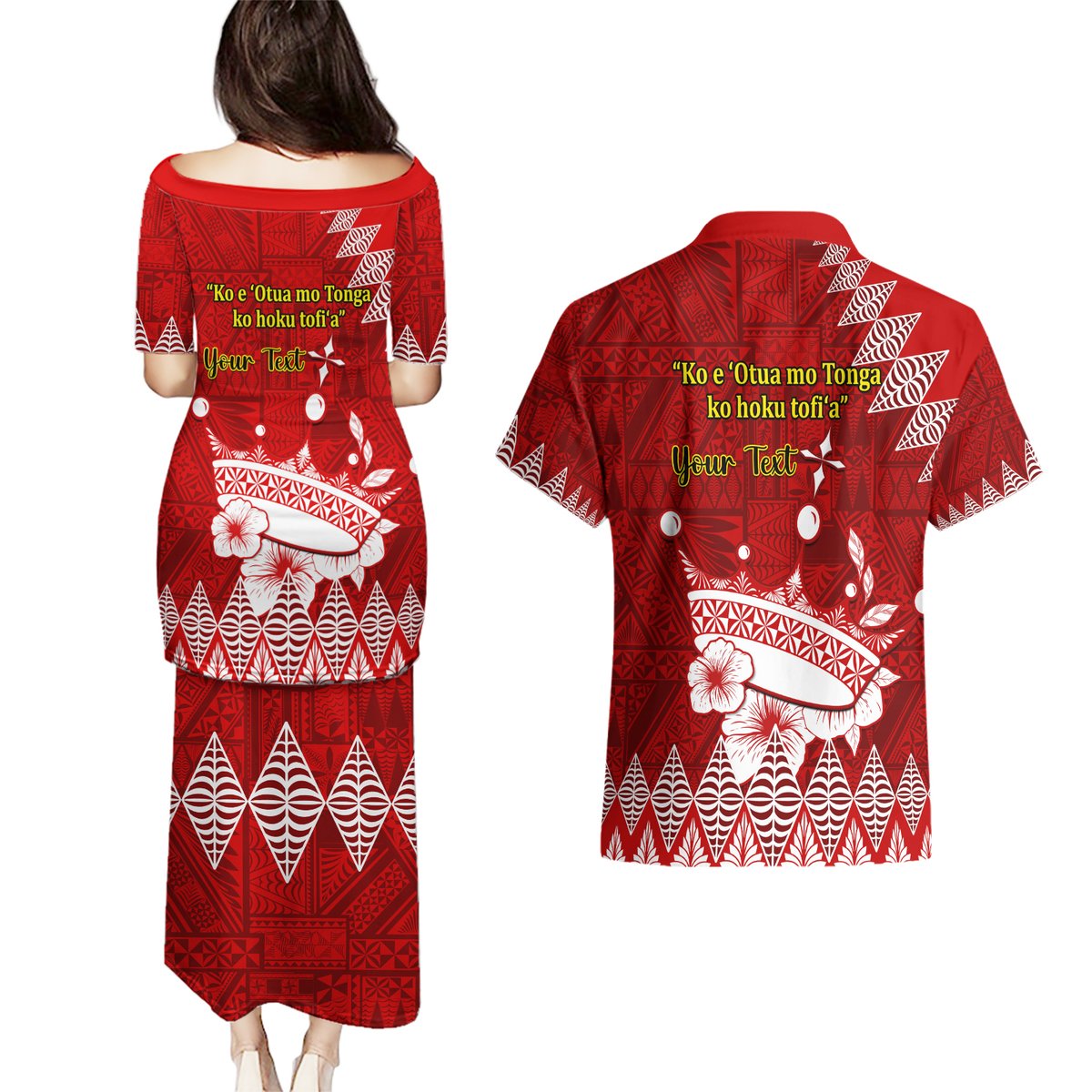 Personalised Tonga King Tupou I Day Couples Matching Puletasi Dress and Hawaiian Shirt Tongan Ngatu Pattern With Crown LT14 - Polynesian Pride