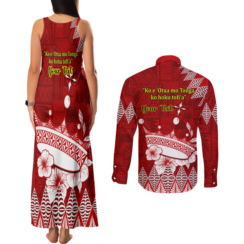 Personalised Tonga King Tupou I Day Couples Matching Tank Maxi Dress and Long Sleeve Button Shirt Tongan Ngatu Pattern With Crown LT14 - Polynesian Pride
