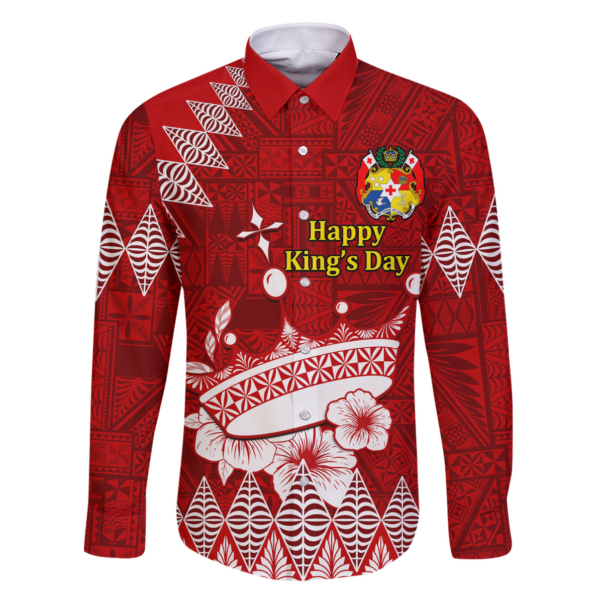 Personalised Tonga King Tupou I Day Family Matching Off Shoulder Long Sleeve Dress and Hawaiian Shirt Tongan Ngatu Pattern With Crown LT14 Dad's Shirt - Long Sleeve Red - Polynesian Pride
