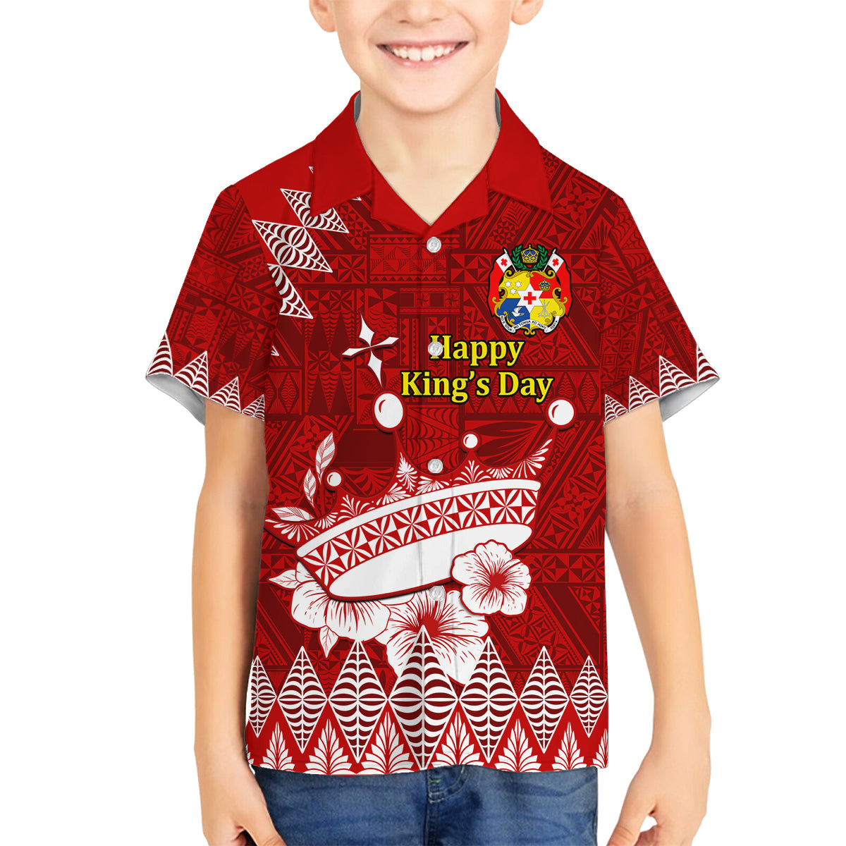 Personalised Tonga King Tupou I Day Family Matching Off Shoulder Short Dress and Hawaiian Shirt Tongan Ngatu Pattern With Crown LT14 Son's Shirt Red - Polynesian Pride