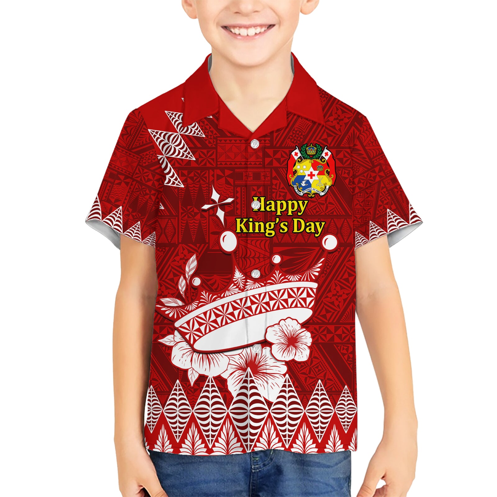 Personalised Tonga King Tupou I Day Kid Hawaiian Shirt Tongan Ngatu Pattern With Crown LT14 Kid Red - Polynesian Pride