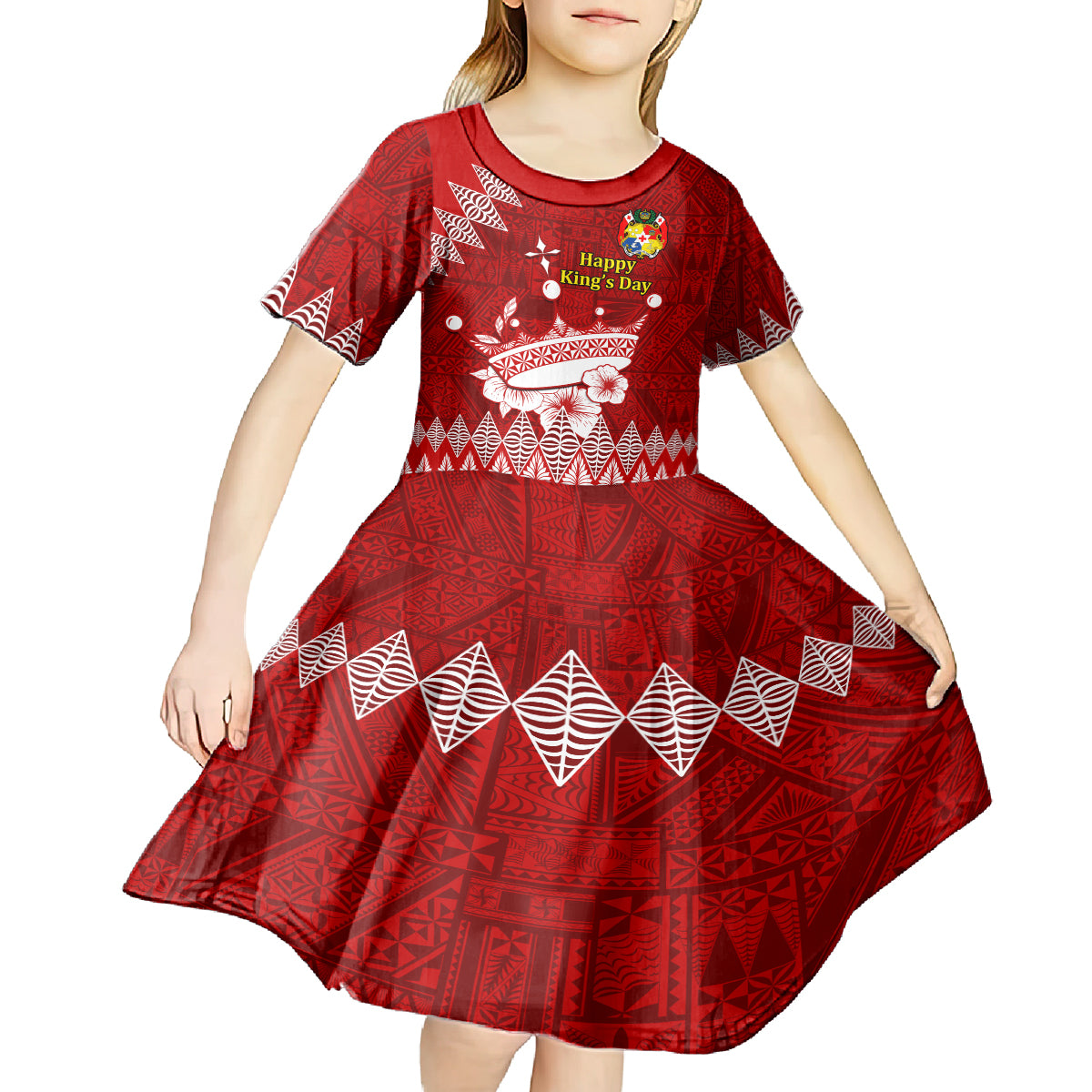 Personalised Tonga King Tupou I Day Kid Short Sleeve Dress Tongan Ngatu Pattern With Crown LT14 - Polynesian Pride