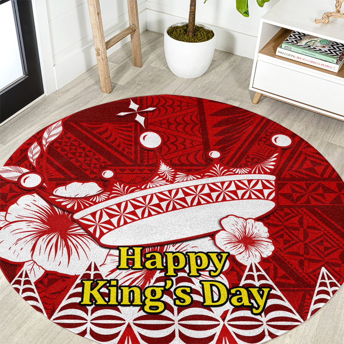 Tonga King Tupou I Day Round Carpet Tongan Ngatu Pattern With Crown LT14 Red - Polynesian Pride