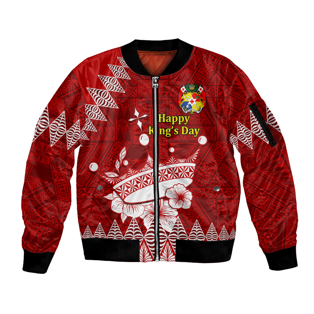 Personalised Tonga King Tupou I Day Sleeve Zip Bomber Jacket Tongan Ngatu Pattern With Crown LT14 Unisex Red - Polynesian Pride