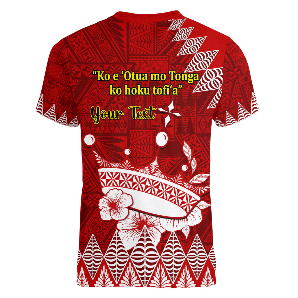 Personalised Tonga King Tupou I Day Women V Neck T Shirt Tongan Ngatu Pattern With Crown LT14 - Polynesian Pride