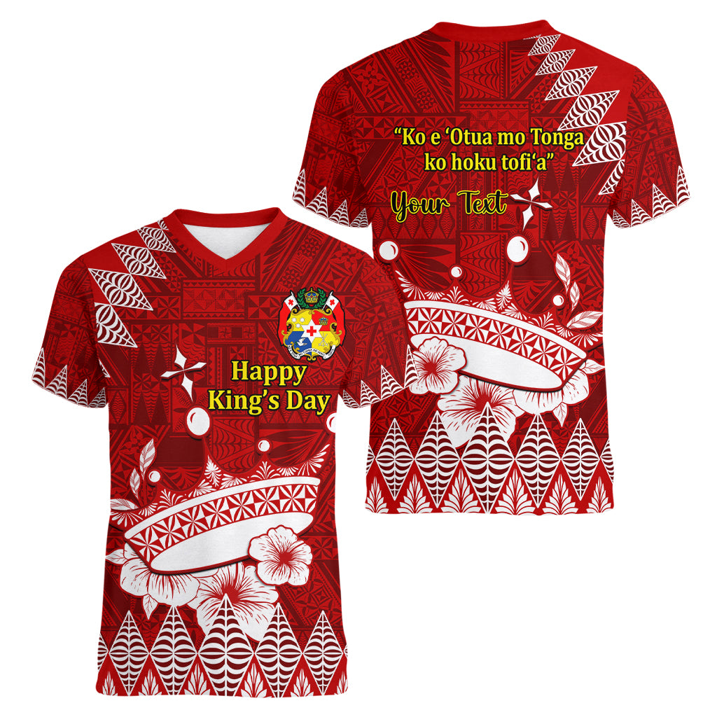 Personalised Tonga King Tupou I Day Women V Neck T Shirt Tongan Ngatu Pattern With Crown LT14 - Polynesian Pride