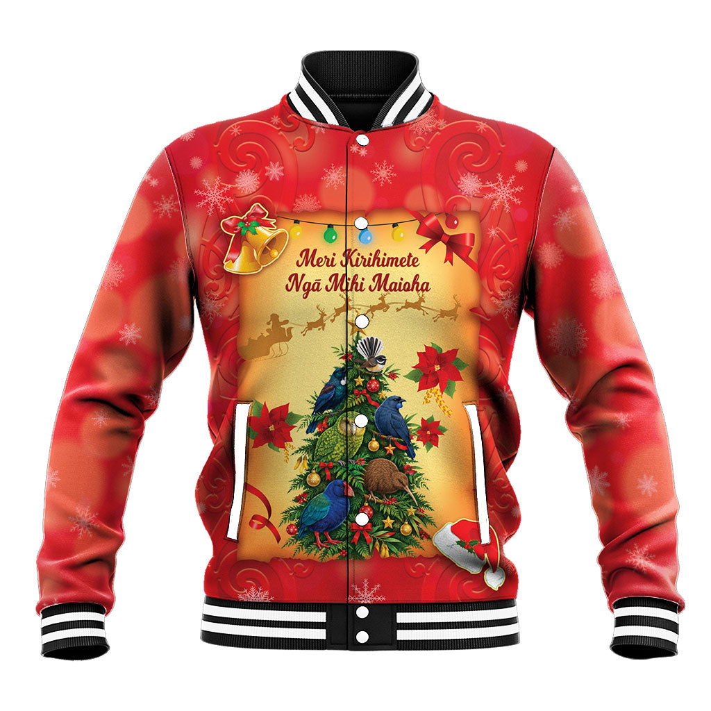 Personalised New Zealand Christmas Baseball Jacket Meri Kirihimete NZ Xmas Tree Animals LT14 Unisex Red - Polynesian Pride