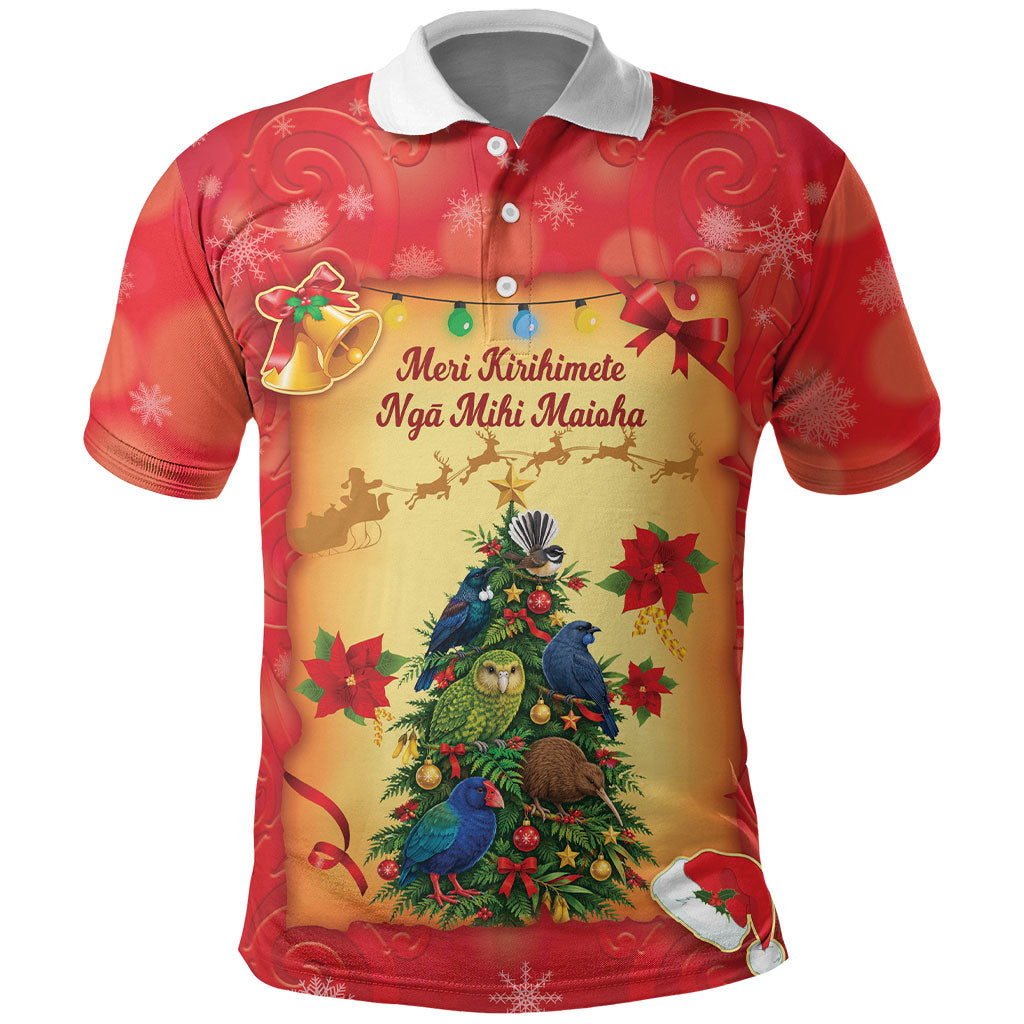 Personalised New Zealand Christmas Polo Shirt Meri Kirihimete NZ Xmas Tree Animals LT14 Red - Polynesian Pride