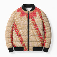 Malo e Lelei Tonga Bomber Puffer Jacket Heilala Lei Tongan Ngatu Pattern LT14 Unisex Beige - Polynesian Pride