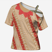 Malo e Lelei Tonga Cross Shoulder Shirt Heilala Lei Tongan Ngatu Pattern LT14 Female Beige - Polynesian Pride