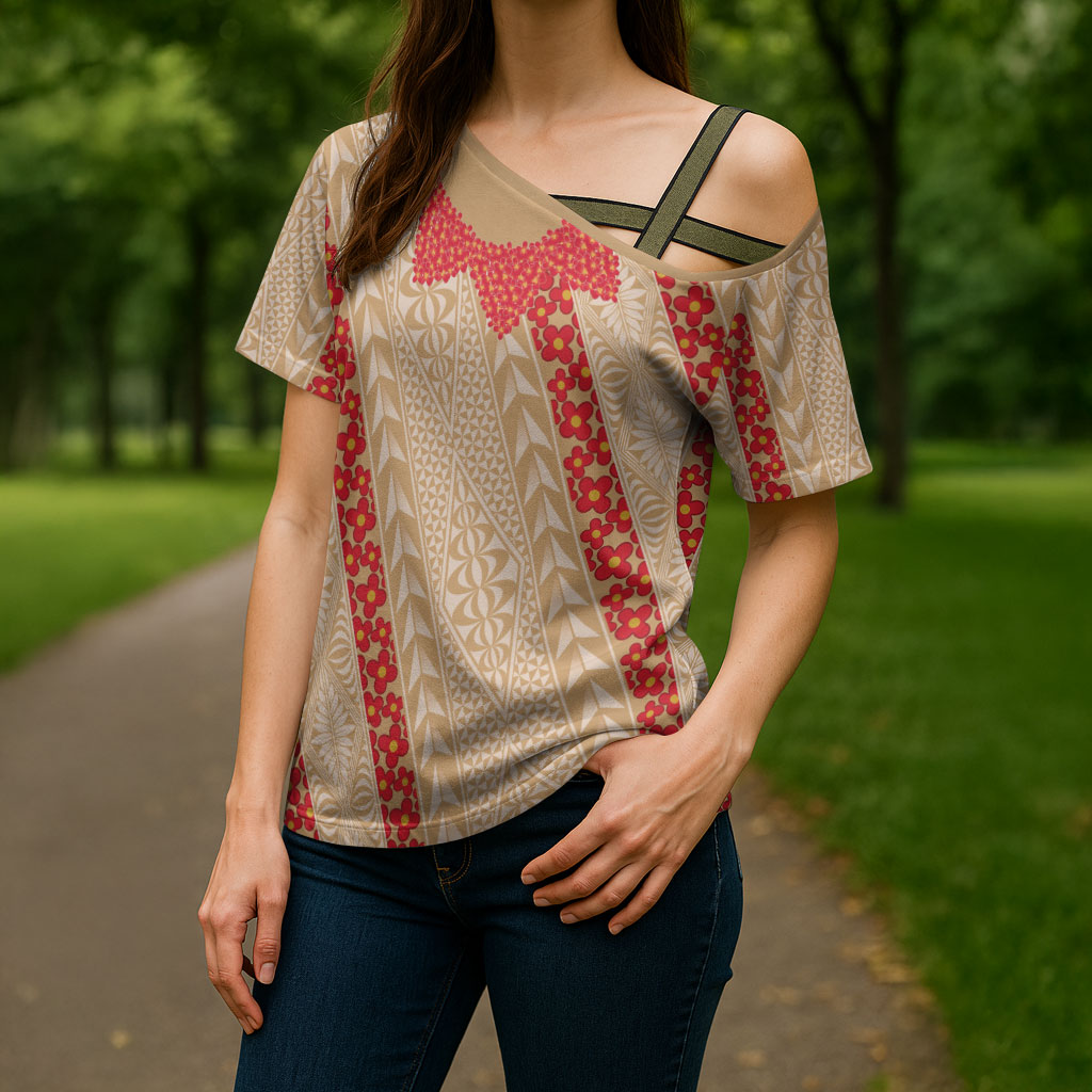 Malo e Lelei Tonga Cross Shoulder Shirt Heilala Lei Tongan Ngatu Pattern LT14 - Polynesian Pride