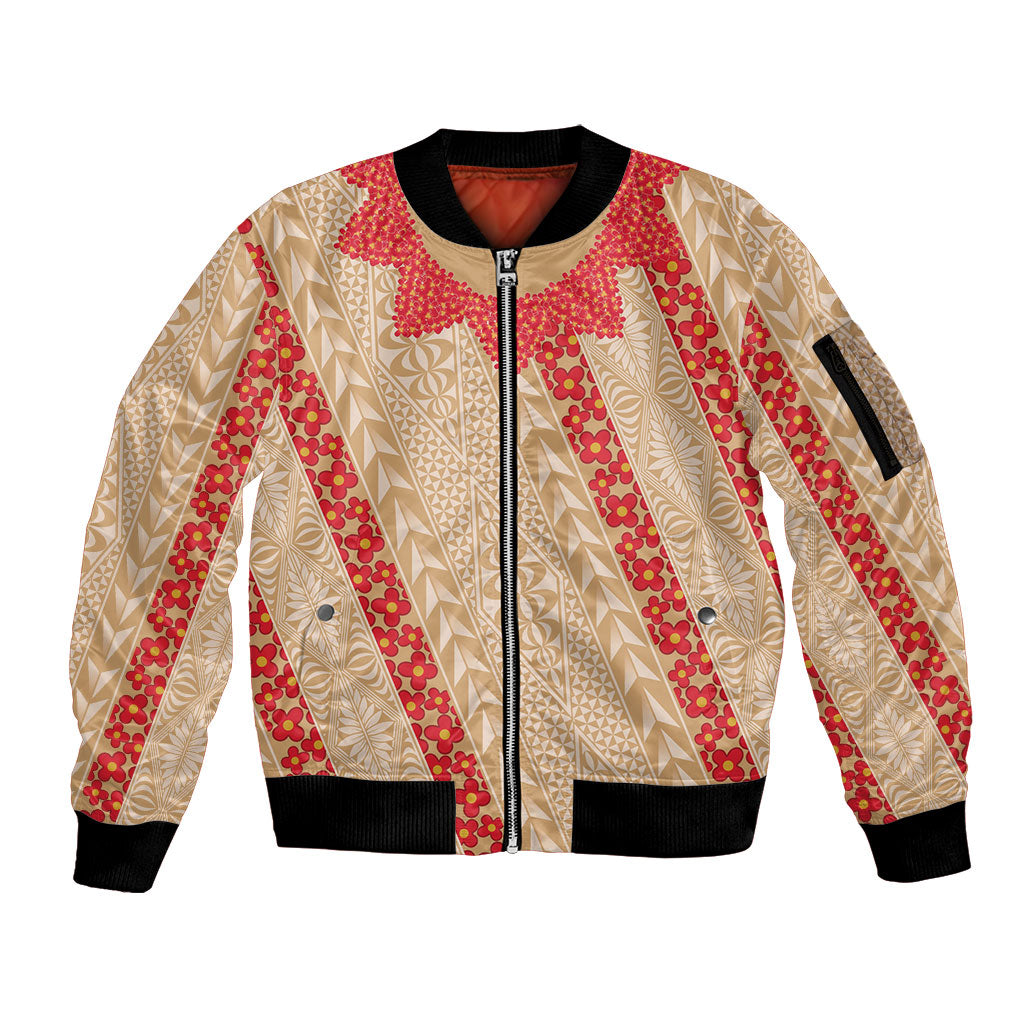 Malo e Lelei Tonga Sleeve Zip Bomber Jacket Heilala Lei Tongan Ngatu Pattern LT14 Unisex Beige - Polynesian Pride