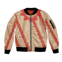 Malo e Lelei Tonga Sleeve Zip Bomber Jacket Heilala Lei Tongan Ngatu Pattern LT14 Unisex Beige - Polynesian Pride