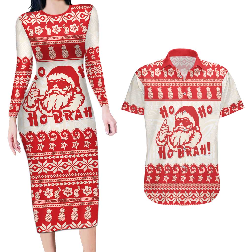 Red Mele Kalikimaka Hawaii Couples Matching Long Sleeve Bodycon Dress and Hawaiian Shirt Funny Ho Ho Ho Santa Shaka LT14 Red - Polynesian Pride