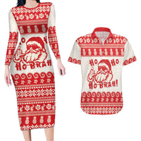 Red Mele Kalikimaka Hawaii Couples Matching Long Sleeve Bodycon Dress and Hawaiian Shirt Funny Ho Ho Ho Santa Shaka LT14 Red - Polynesian Pride