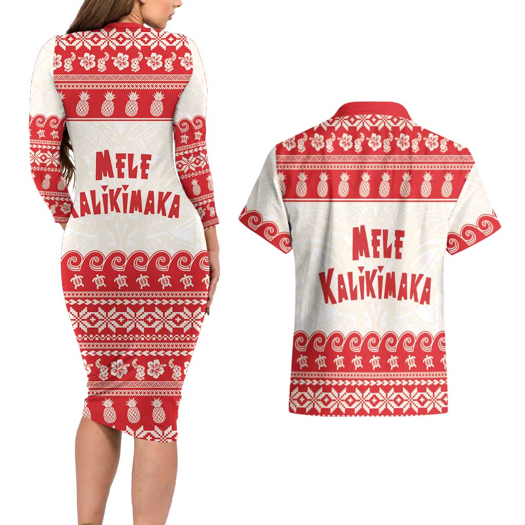 Red Mele Kalikimaka Hawaii Couples Matching Long Sleeve Bodycon Dress and Hawaiian Shirt Funny Ho Ho Ho Santa Shaka LT14 - Polynesian Pride