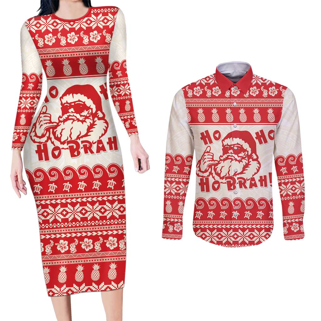 Red Mele Kalikimaka Hawaii Couples Matching Long Sleeve Bodycon Dress and Long Sleeve Button Shirt Funny Ho Ho Ho Santa Shaka LT14 Red - Polynesian Pride