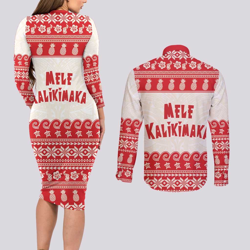 Red Mele Kalikimaka Hawaii Couples Matching Long Sleeve Bodycon Dress and Long Sleeve Button Shirt Funny Ho Ho Ho Santa Shaka LT14 - Polynesian Pride