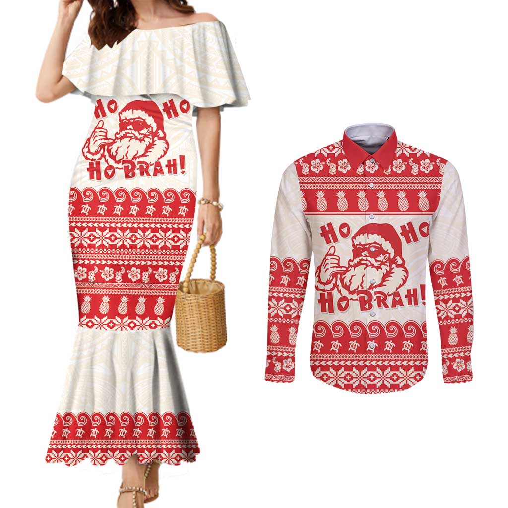 Red Mele Kalikimaka Hawaii Couples Matching Mermaid Dress and Long Sleeve Button Shirt Funny Ho Ho Ho Santa Shaka - Polynesian Pride