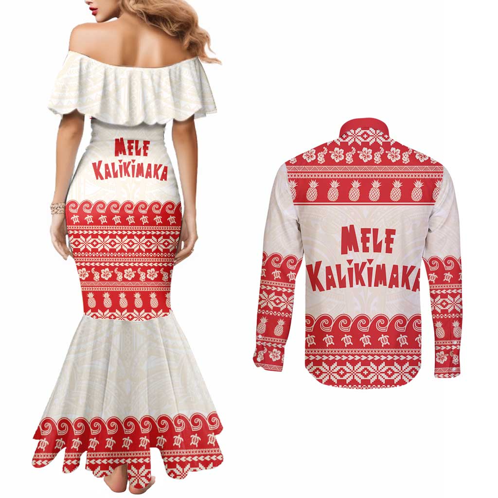 Red Mele Kalikimaka Hawaii Couples Matching Mermaid Dress and Long Sleeve Button Shirt Funny Ho Ho Ho Santa Shaka LT14 - Polynesian Pride