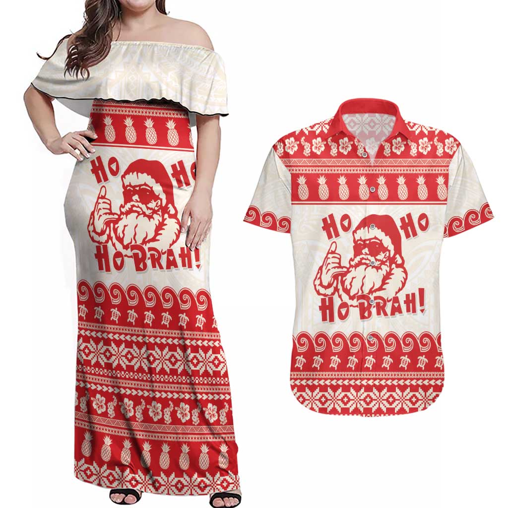Red Mele Kalikimaka Hawaii Couples Matching Off Shoulder Maxi Dress and Hawaiian Shirt Funny Ho Ho Ho Santa Shaka LT14 Red - Polynesian Pride