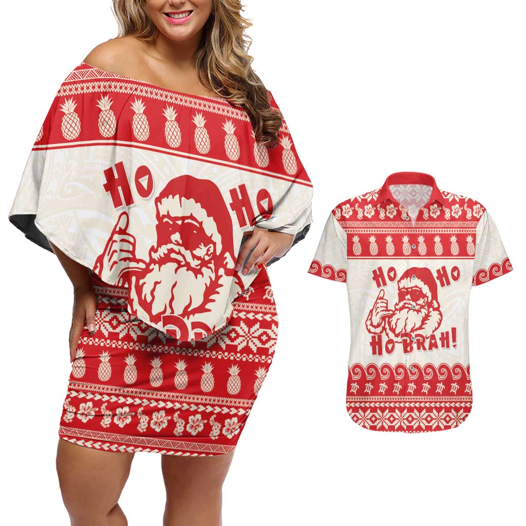 Red Mele Kalikimaka Hawaii Couples Matching Off Shoulder Short Dress and Hawaiian Shirt Funny Ho Ho Ho Santa Shaka - Polynesian Pride