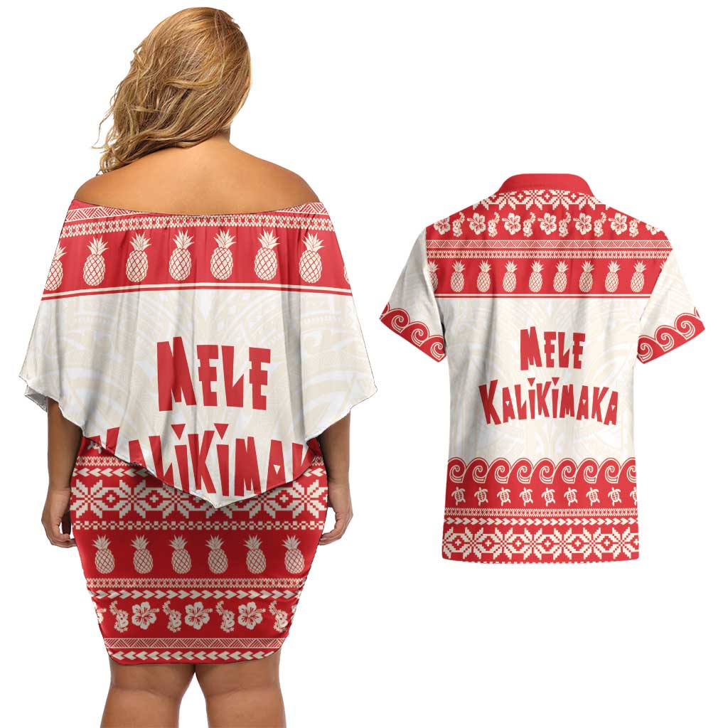 Red Mele Kalikimaka Hawaii Couples Matching Off Shoulder Short Dress and Hawaiian Shirt Funny Ho Ho Ho Santa Shaka LT14 - Polynesian Pride