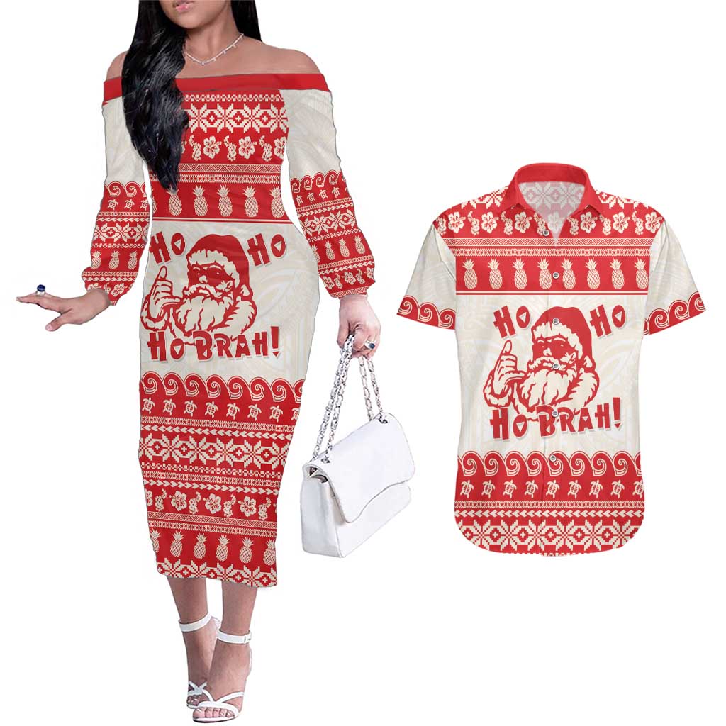 Red Mele Kalikimaka Hawaii Couples Matching Off The Shoulder Long Sleeve Dress and Hawaiian Shirt Funny Ho Ho Ho Santa Shaka - Polynesian Pride
