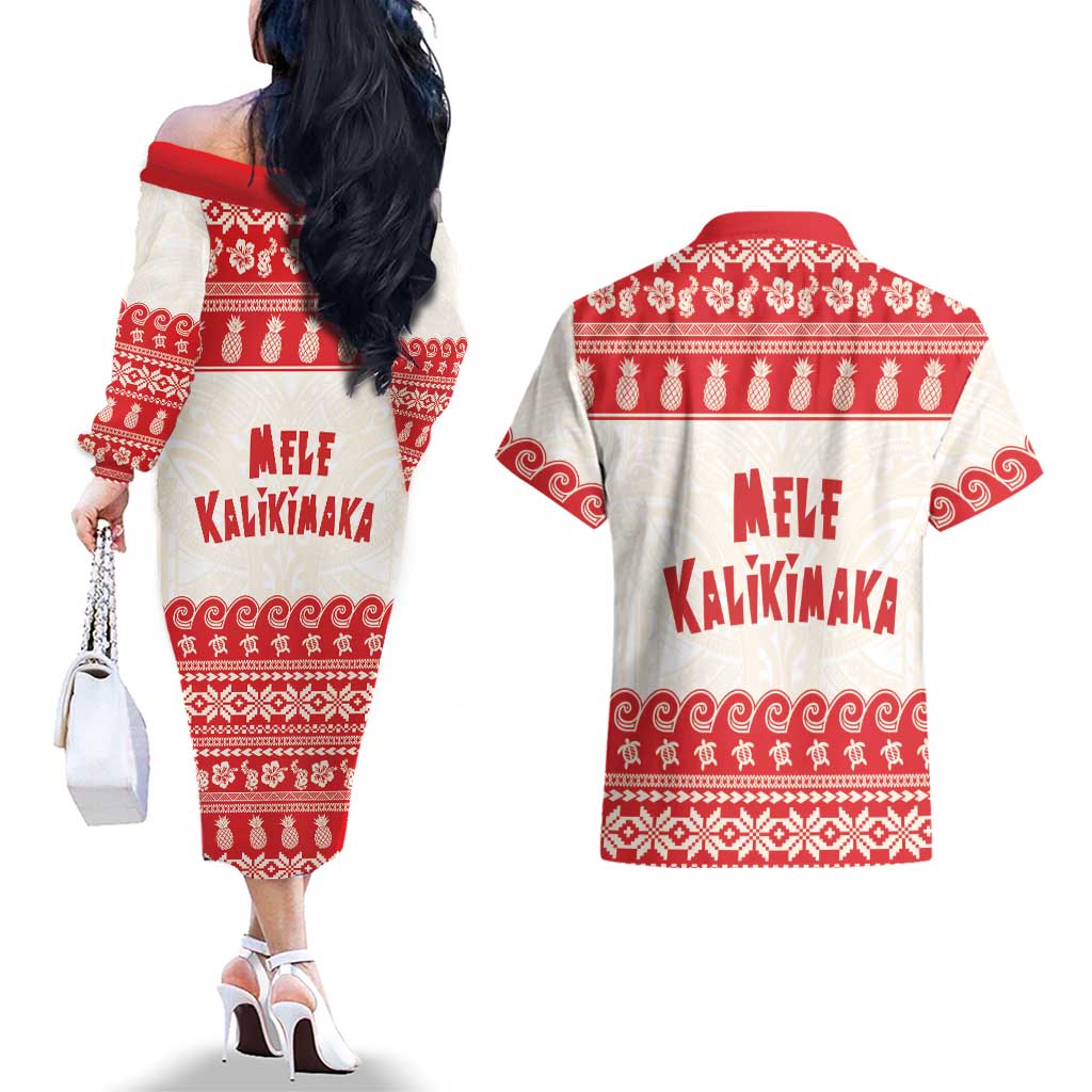 Red Mele Kalikimaka Hawaii Couples Matching Off The Shoulder Long Sleeve Dress and Hawaiian Shirt Funny Ho Ho Ho Santa Shaka LT14 - Polynesian Pride