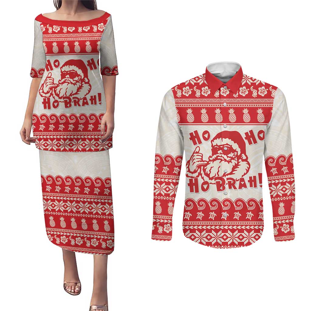 Red Mele Kalikimaka Hawaii Couples Matching Puletasi and Long Sleeve Button Shirt Funny Ho Ho Ho Santa Shaka - Polynesian Pride