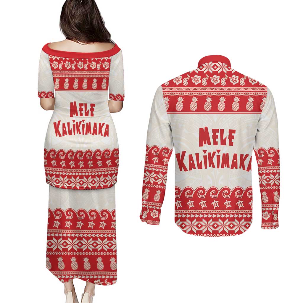 Red Mele Kalikimaka Hawaii Couples Matching Puletasi and Long Sleeve Button Shirt Funny Ho Ho Ho Santa Shaka - Polynesian Pride
